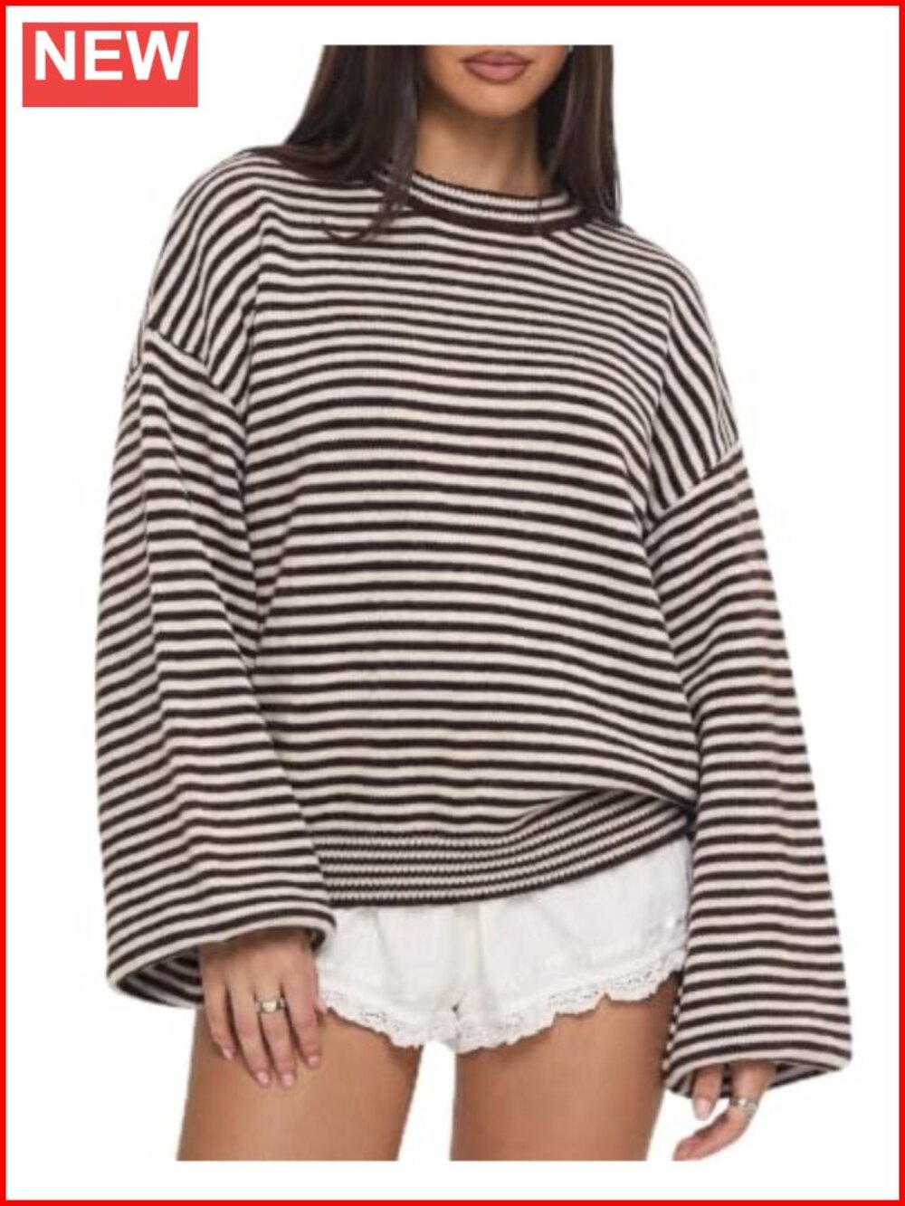 Oversized Striped Crewneck Sweater Balloon Sleeve Pullover